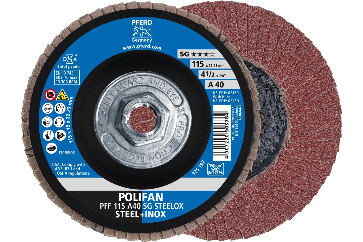 Picture of Pferd Flap Disc, 4-1/2" x 5/8-11, A SG Steelox, 40 Grit, T27, Flat, Aluminum oxide
